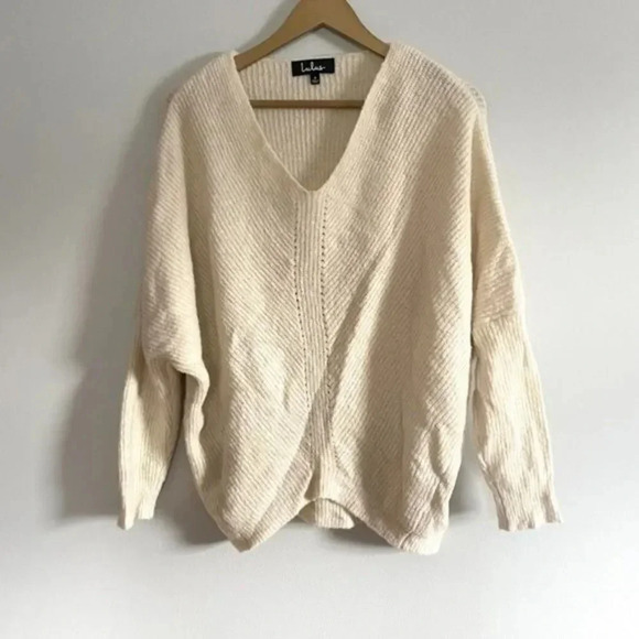 Lulu's Cream Oversized V-Neck Slouchy Sweater - Picture 3 of 12